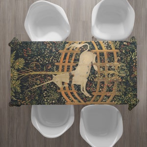 Unicorn tablecloth, medieval decor The Unicorn in Captivity for a vintage kitchen. Netherlandish art. UNI003 image 3
