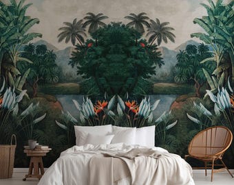 Vintage Tropical Jungle Peel and Stick Wallpaper, Botanical Wall Mural. MIS003