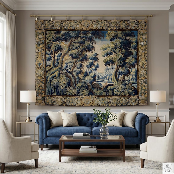 Verdure tapestry wall hanging, Greenery wall art, Antique French Decor COTTON fabric