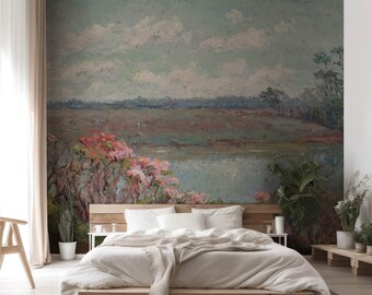 Pink Blossoms mural landscape. Flower meadow by the lake. American Impressionist art. LAN058