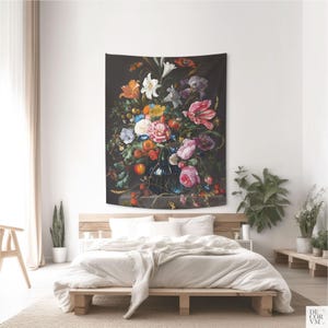 Dutch Floral Tapestry – Black Background Wall Hanging – Flemish Still ...