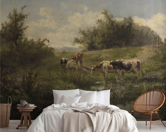 Mural with cows in a pond. Realistic Hague School painting for wall decor. LAN060