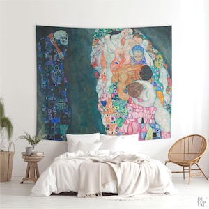 Death and Life Wandbehang Stoff, Gustav Klimt Wanddekoration, Wandteppich (Gedruckt), Klimt Tapisserie, Boho Dekor. KLI001