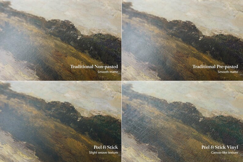 Puede incluir: Primer plano de cuatro muestras de papel pintado con un dise&ntilde;o de paisaje. Las muestras est&aacute;n etiquetadas: "Traditional Non-pasted", "Traditional Pre-pasted", "Peel & Stick" y "Peel & Stick Vinyl". Cada muestra tiene una textura diferente.