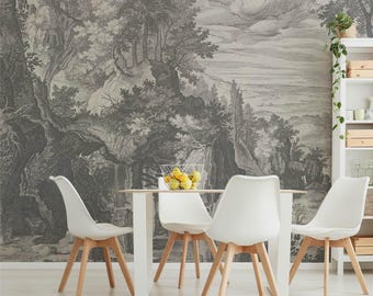 Old Master Engraved Landscape Wallpaper Mural for Calm Bedroom in Monochrome. ENG007