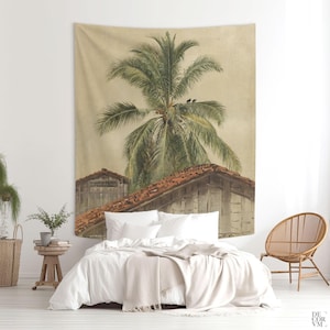 Palm Tree and Housetops wall tapestry, Large wall decor with a 19th century painting, Printed tapestries, Tropical decoration. LAN016