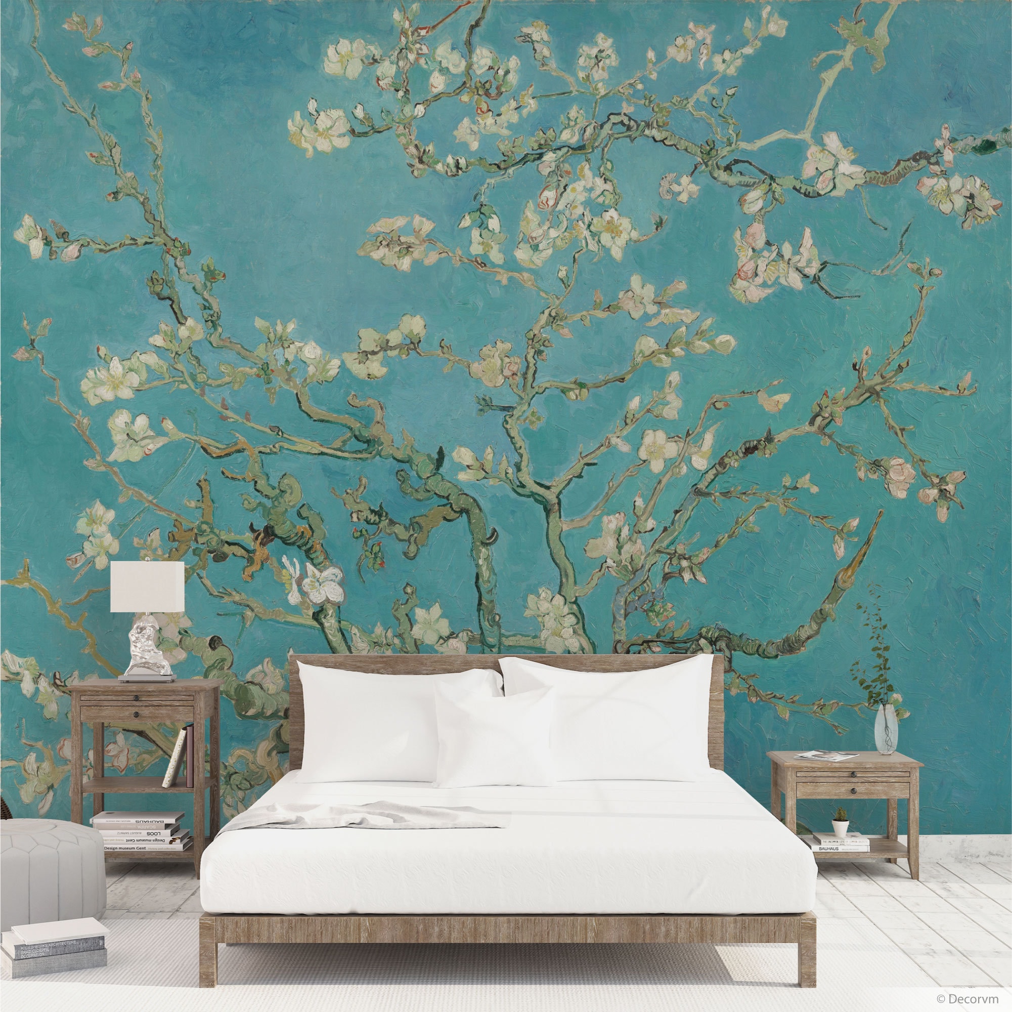 Wall Mural Almond Blossom Painting on a Blue Wood Textured Background 100x144 