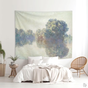 Monet wall art tapestry The Seine at Giverny, printed on fabric, bright wall art for a pastel room decor. MON017