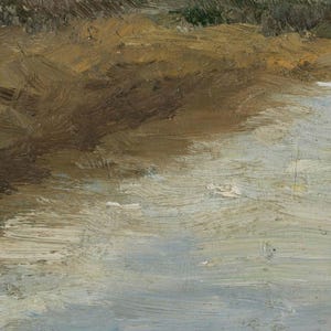 The image is an oil painting depicting a landscape with a body of water, possibly a lake or a river, with a hazy, golden-brown color. The brushstrokes are visible, creating a textured and expressive surface.