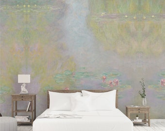 Claude Monet Peel and Stick wallpaper of Water Lilies in patel colors for wall decoration, Photo backdrop or hotel decor. MON012