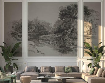 River in Ireland Wallpaper Mural: Vintage Etching Art Landscape. ENG016