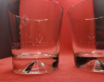 Lot 4 Vintage Etched Johnnie Walker Whiskey Bar Glasses Optic Bottoms Tumblers 
