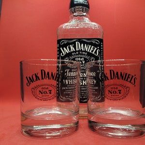 Set of 2 Heavy Jack Daniels Rock Glasses, Glass with Embossed Logo on Bottom of Glass
