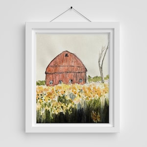 Red Barn Watercolor Print,  Indiana Landscape artwork