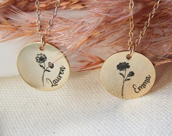 Birth Month Flower Necklace, Custom Name Disc Necklace, mama necklace, mother's day present, Birthday Present, Christmas gift Present