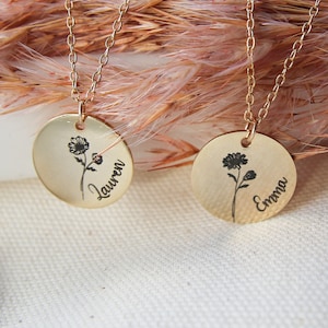 Birth Flower Necklace: Custom Name Disc, Gold Vermeil Sterling Silver