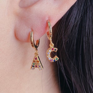 Dainty Pave CZ Initial Letter Hoop Earrings, tiny Letter earrings, gold letter earrings, initial d, Rainbow Initial tiny huggie earrings