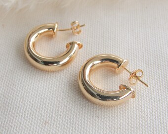 Boucle d’oreille remplie d’or, boucle d’oreille Chunky Gold Hoops, boucles d’oreilles en or 18 carats, boucles d’oreilles Tube Hoop, Chunky Hoop petit, cerceaux en or épais imperméables à l’eau