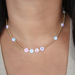 Collar de cara sonriente, collar y2k, collar de gargantilla de cara feliz, collar de nombre con cuentas, collar de cara sonriente arco iris, collar de letras personalizado