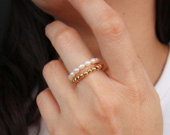 18k gold ring set, freshwater pearl rings, matching rings, dainty ring, beaded ring gold, gold beaded Stacking Ring, best friend rings