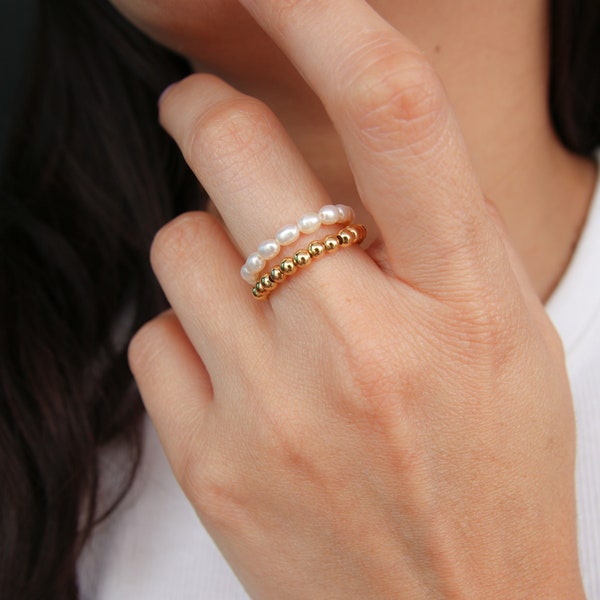 18k gold ring set, freshwater pearl rings, matching rings, dainty ring, beaded ring gold, gold beaded Stacking Ring, best friend rings