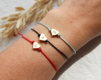 Tiny heart initial bracelet, adjustable cotton cord heart bracelet, best friend bracelet, matching friendship bracelet, gold heart bracelet