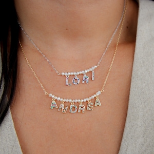 Baroque Pearl name Necklace, alphabet necklace, Pearl Bar Necklace, initial necklace, personalized name jewelry, custom name necklace