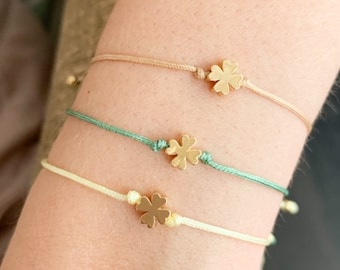 Four leaf clover bracelet, cotton cord bracelet, string friendship lucky bracelet, matching couples bracelet, bracelet femme