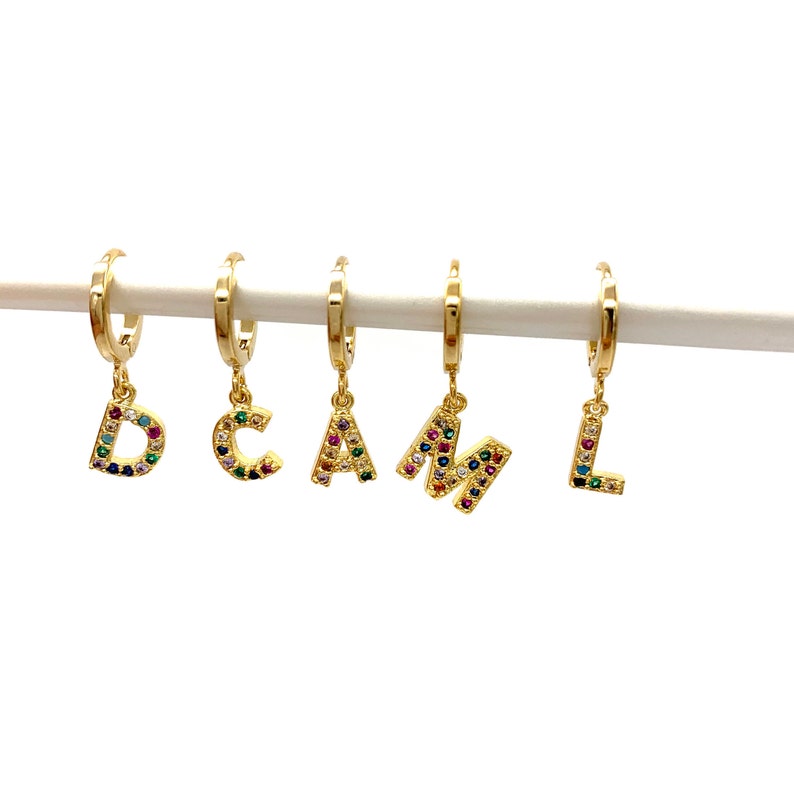 Dainty Pave CZ Initial Letter Hoop Earrings, tiny Letter earrings, gold letter earrings, initial d, Rainbow Initial tiny huggie earrings image 3
