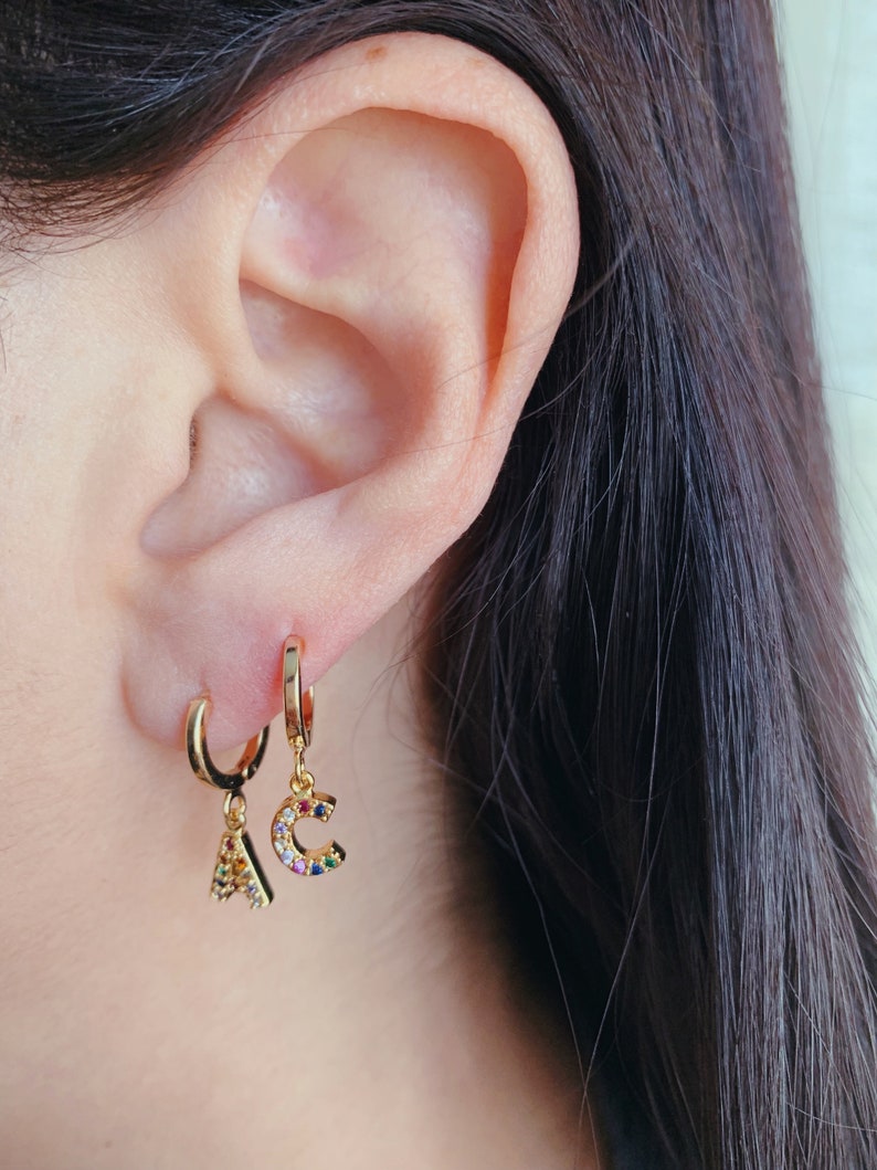 Dainty Pave CZ Initial Letter Hoop Earrings, tiny Letter earrings, gold letter earrings, initial d, Rainbow Initial tiny huggie earrings image 7