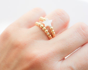 Star Adjustable Ring, Heart ring, beaded Star nacre Ring, Gold Beaded Ring, Minimalist Ring, Gift for Her, Mothers Day Gift, gold star ring