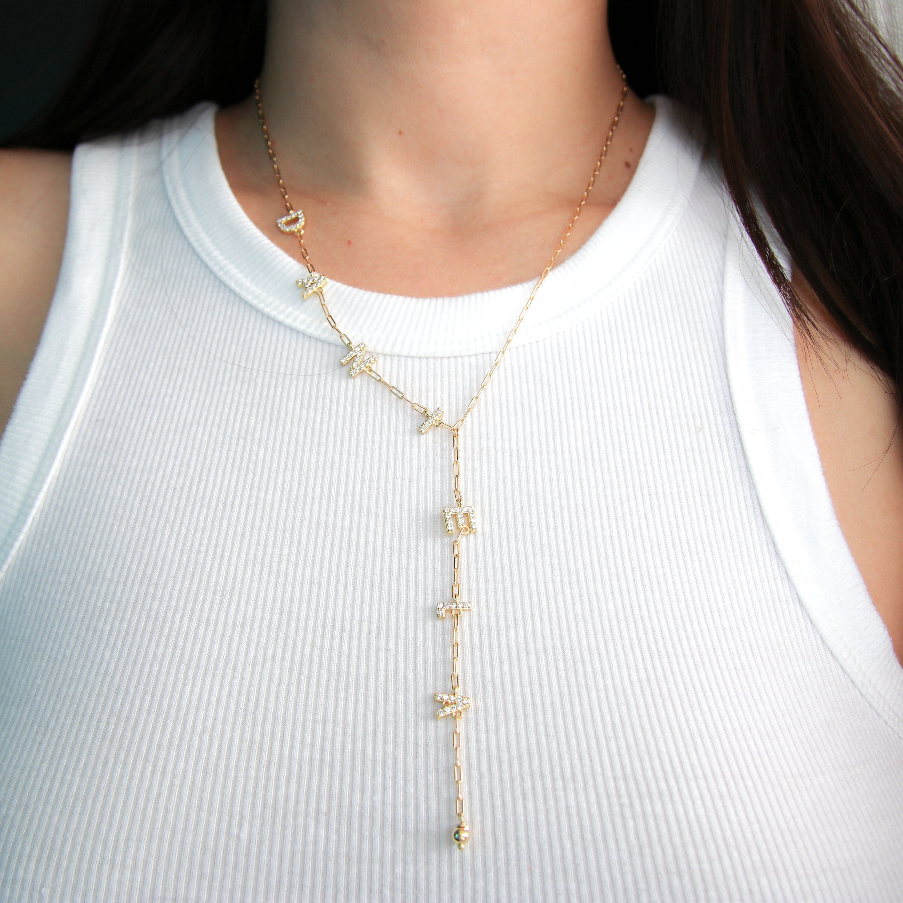 Pave Gold Initial Necklace, gold letter necklace, lariat necklace, dainty Initial Birthstone Necklace, initial necklace, gift for mom
