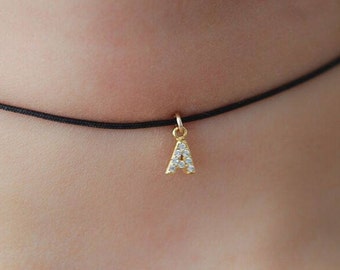 Tiny letter necklace, gold letter necklace, gothic choker, initial d, dainty choker, charm choker necklace, letter necklace, bridesmaid