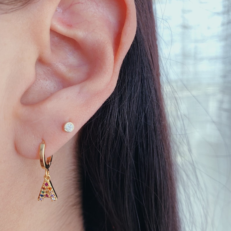 Dainty Pave CZ Initial Letter Hoop Earrings, tiny Letter earrings, gold letter earrings, initial d, Rainbow Initial tiny huggie earrings image 2
