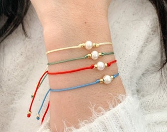 pulsera de perlas de agua dulce, pulsera de una sola perla, pulsera de cordón de algodón, joyería de dama de honor, pulsera delicada, pulseras a juego, Nacimiento de junio