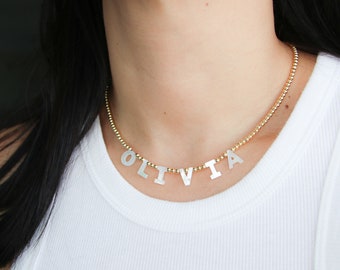 Beaded necklace, gold name necklace, personalized jewelry, custom name necklace, name jewelry, mother of pearl letter name necklace, initial