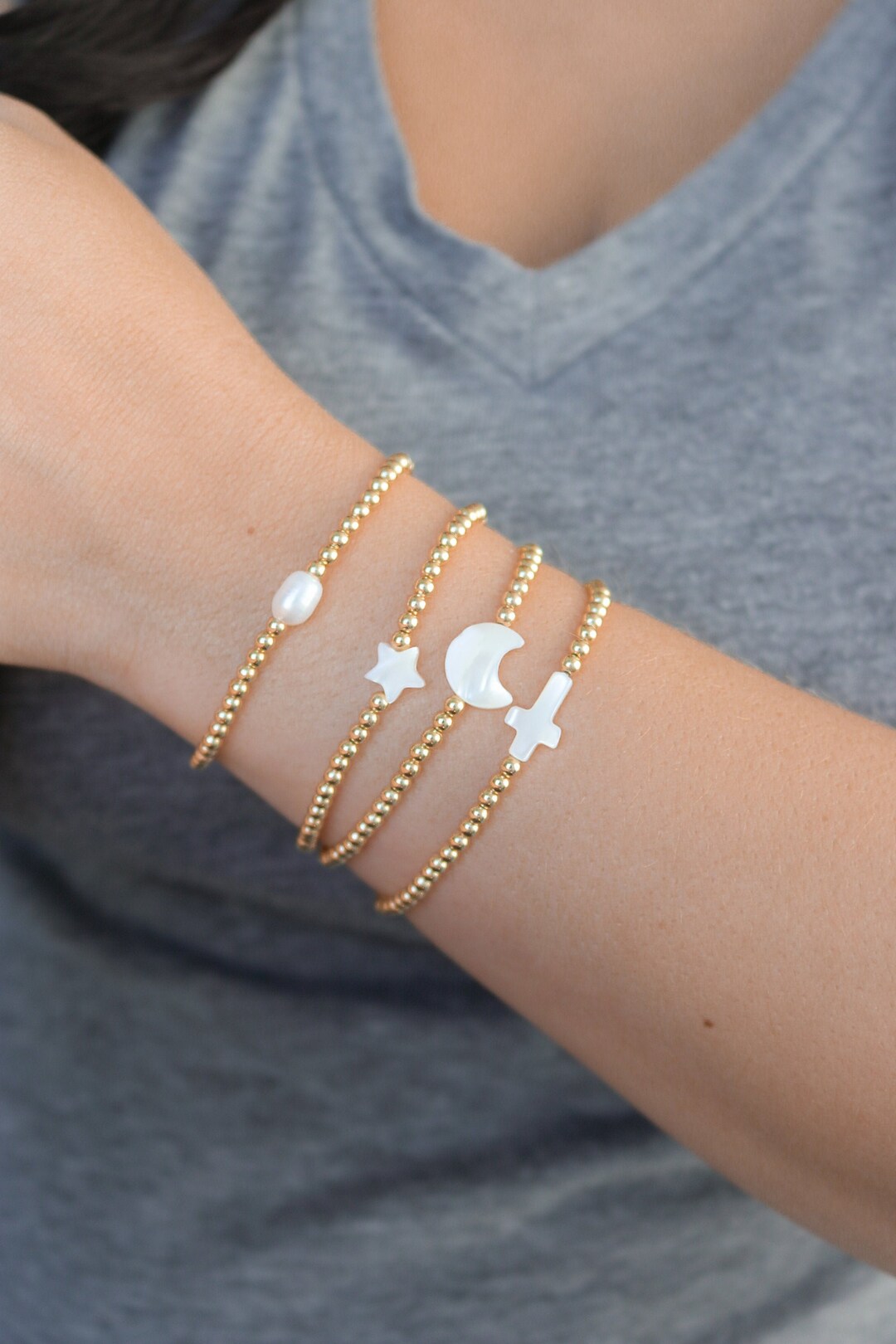 Dainty Beaded Bracelet, Stretch Moon Bracelet, Cross Bracelets, Star