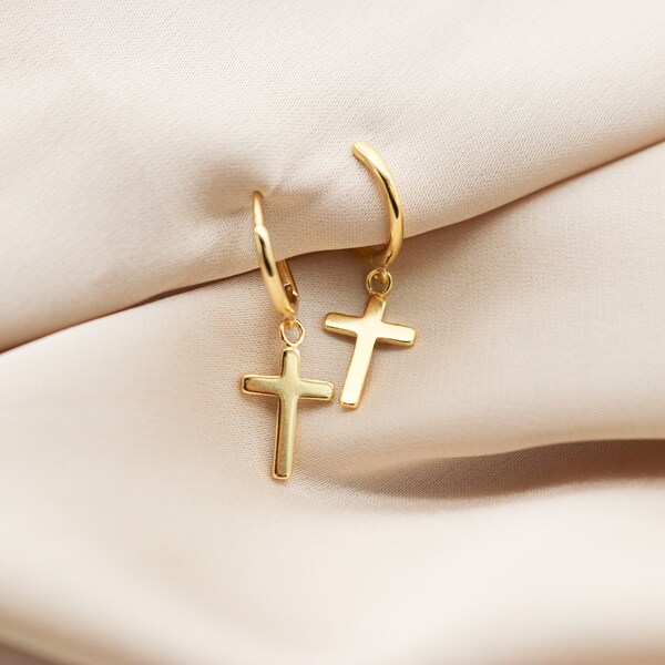 Cross earrings, gold cross earrings, cross hoop earring gold, tiny gold hoop earrings, small hoop earrings,  hoop earrings with charm