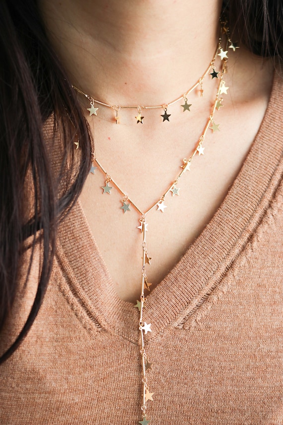 Gold Star Lariat Necklace For Women - Adjustable Y-Chain Layered Necklace With Tiny Star Charms | Dainty Statement Jewelry Gift
