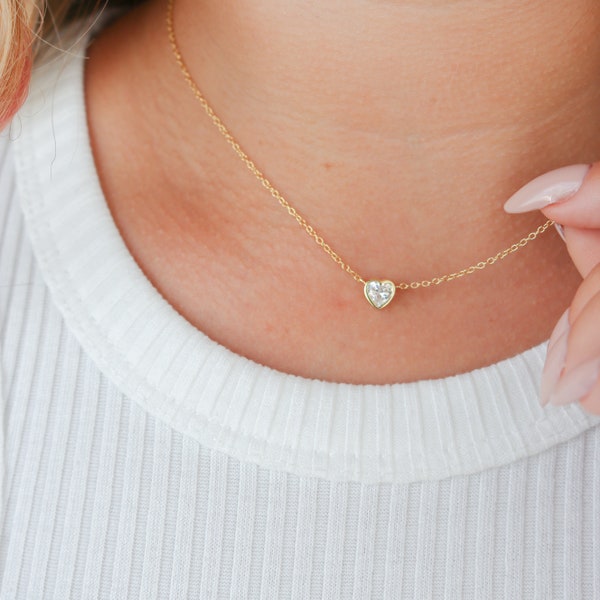 Delicate Tiny CZ Heart Choker necklace, heart locket, bridesmaid gift, Diamond Cz heart necklace, Delicate heart Pendant, layering necklace