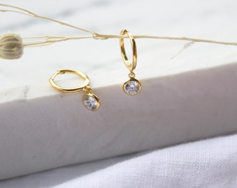 Dainty Dangling Bezel CZ Huggie, CZ tiny gold hoop earrings, huggie earrings, wedding earrings, gold hoop earrings, bridal earrings, silver