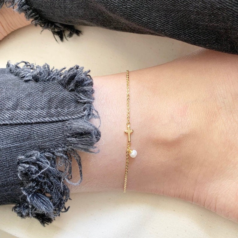 Ankle Bracelet Cross Anklet 14k Gold Ankle Bracelet Pearl Etsy
