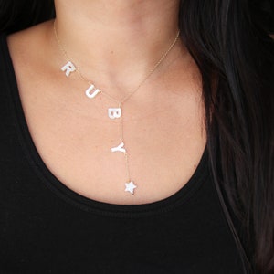 Lariat necklace, Custom name necklace, mother of pearl letter necklace, initial necklace, personalized jewelry, gift for her, gift for mom