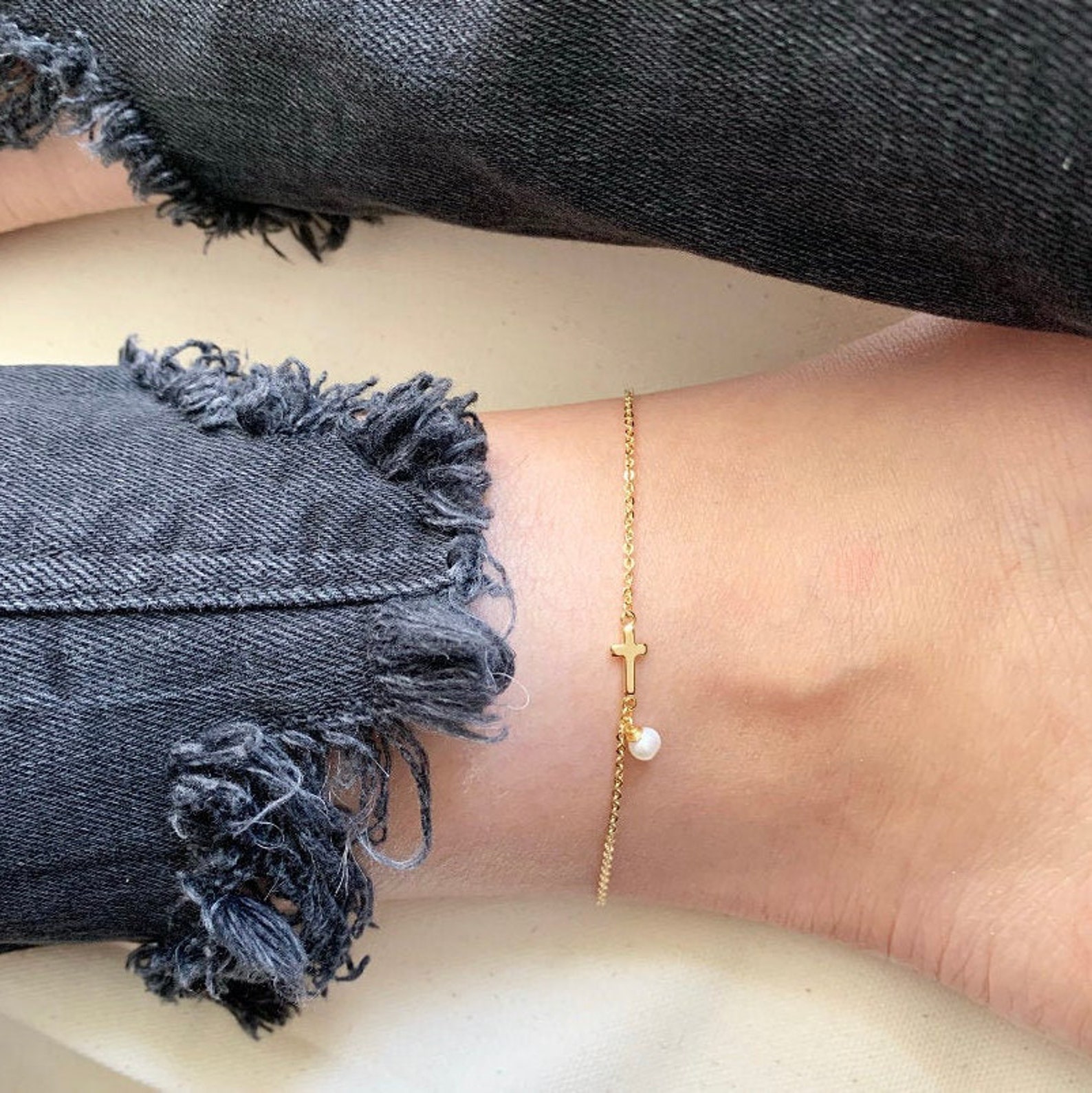 Ankle Bracelet Cross Anklet 14k Gold Ankle Bracelet Pearl Etsy