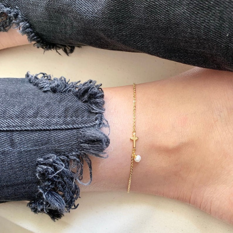 Ankle Bracelet Cross Anklet 14k Gold Ankle Bracelet Pearl Etsy