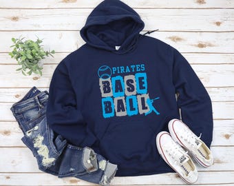 May include: Navy blue hooded sweatshirt with a graphic design of a baseball and the text "PIRATES BASEBALL".