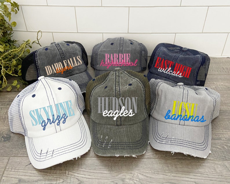 Custom Team Sports Hats, Distressed Hats for Moms, Snapback Hat for Women Trendy, University Trucker Hats, Sports Team Hats Embroidered image 1