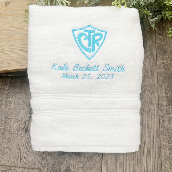 Baptism towel, ctr towel, embroidered bath towel, personalized bath towel, choose the right towel, lds baptism gift, lds gifts Great to be 8