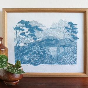 11x14 handmade block print, ocean, landscape, Oregon, haystack rock, art, beach, nature, trees, scenery, clouds, pacific coast, seashore