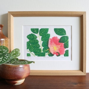 Rose, 4x6, block print, reduction, Pacific Northwest, forest, plants, flower, botanical, original, art, wall decor, limited edition, linocut